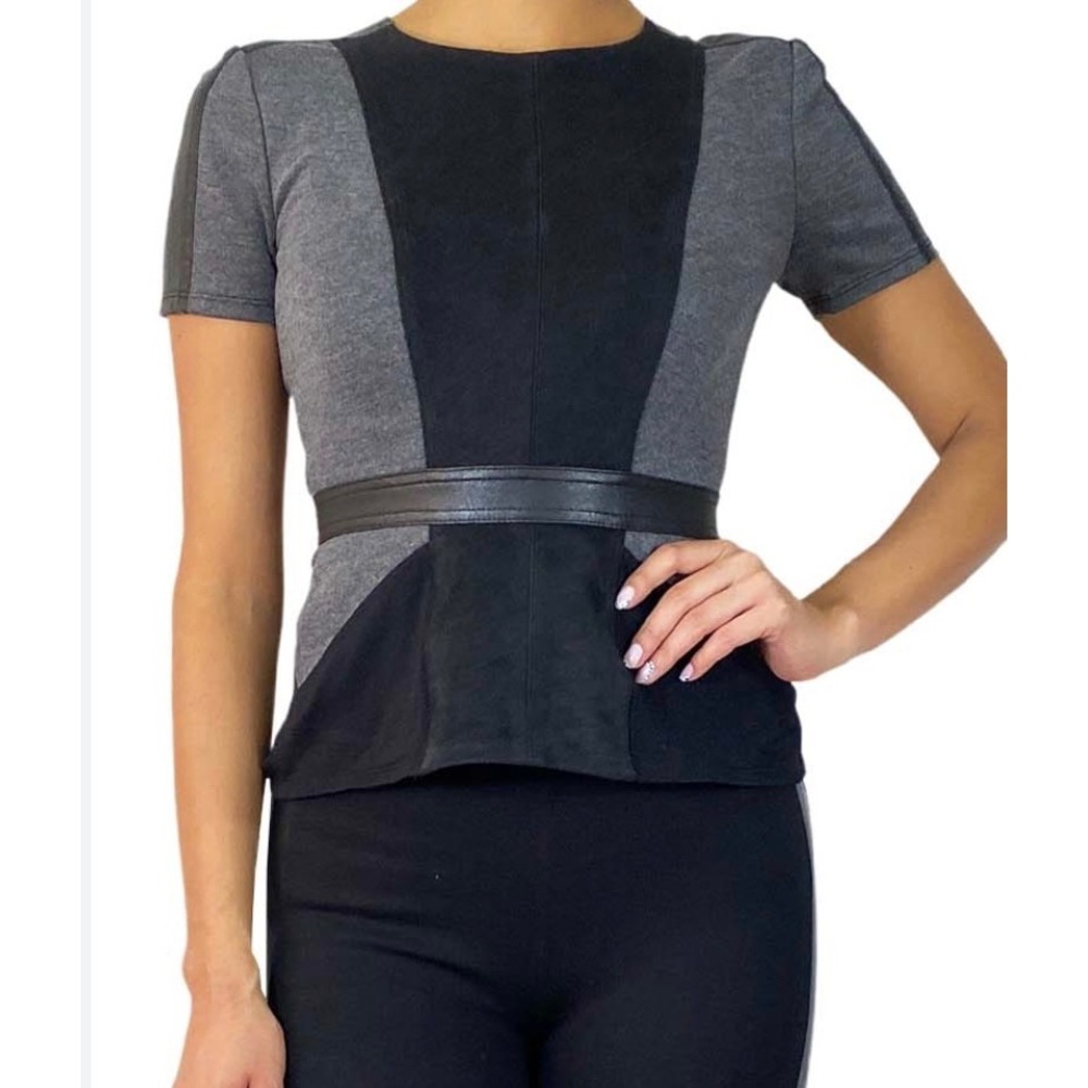 BCBGMAXAZRIA Women's Gray Black Faux Leather Peplum Top Short Sleeve small